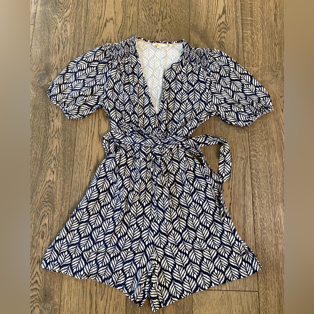 Boden Blue and White Puff Sleeve Jumpsuit